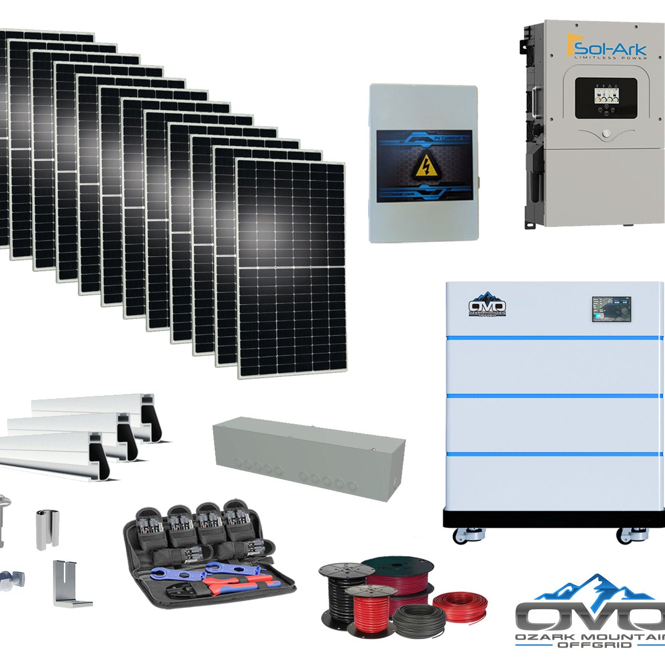 6KW Complete Offgrid Solar Kit - 15K Sol-Ark Inverter + 15.36KW OMO Stack Lithium Battery +6.6KW Solar with Mounting Rails and Wiring