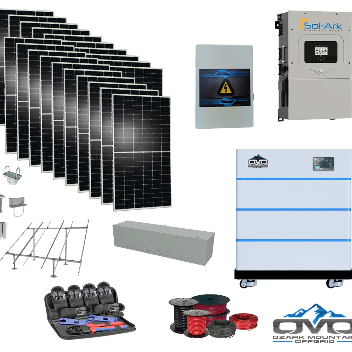 10KW Complete Offgrid Solar Kit - 15K Sol-Ark Inverter + 15.36KW OMO Stack Lithium Battery +11KW Solar with Ground Mount and Wiring