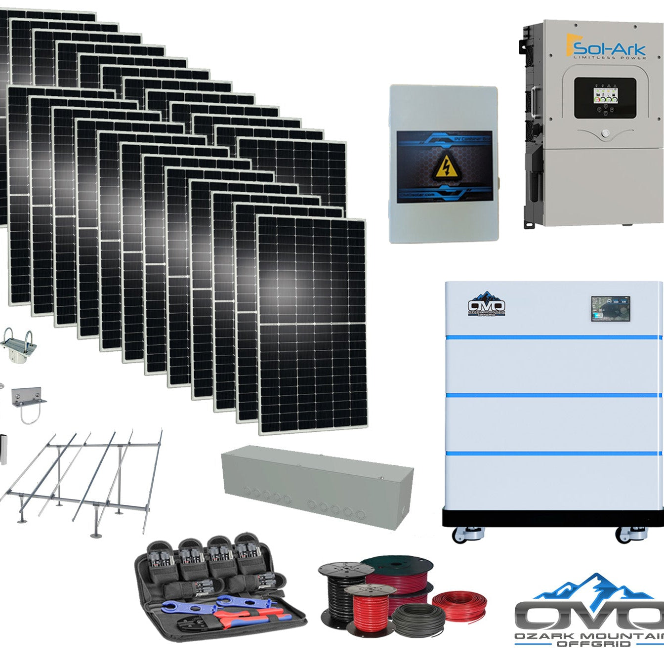 12KW Complete Offgrid Solar Kit - 15K Sol-Ark Inverter + 15.36KW OMO Stack Lithium Battery +13.2KW Solar with Ground Mount and Wiring