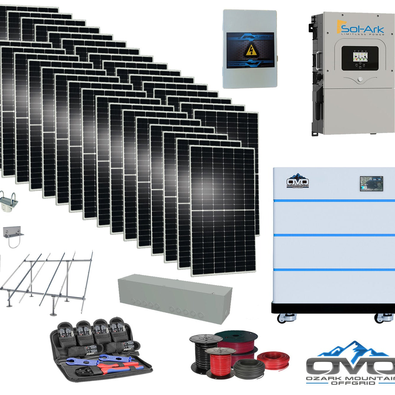 17KW Complete Offgrid Solar Kit - 15K Sol-Ark Inverter + 15.36KW OMO Stack Lithium Battery +17.6KW Solar with Ground Mount and Wiring
