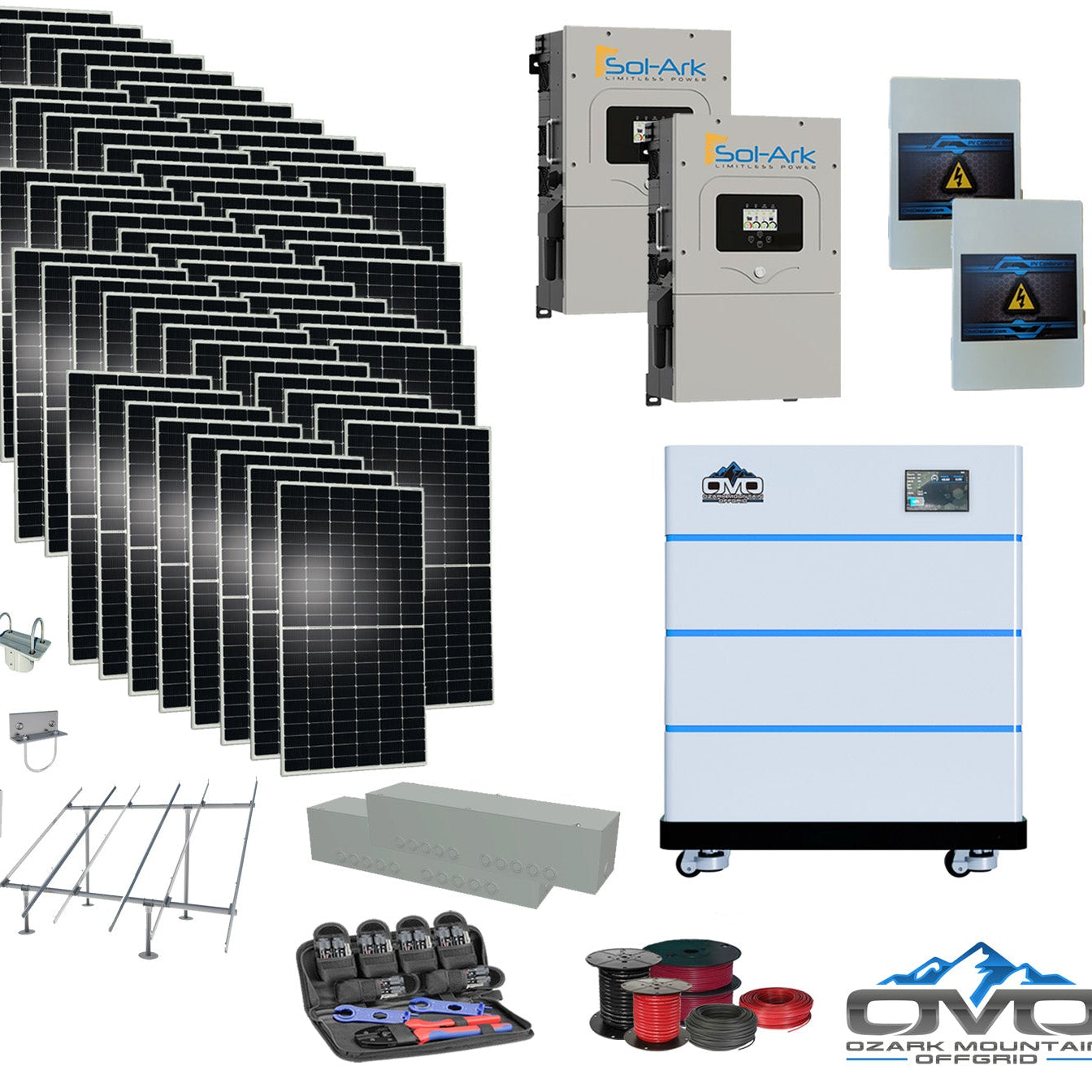 30KW Complete Offgrid Solar Kit - 15K Sol-Ark Inverter + 15.36KW OMO Stack Lithium Battery +30.8KW Solar with Ground Mount and Wiring