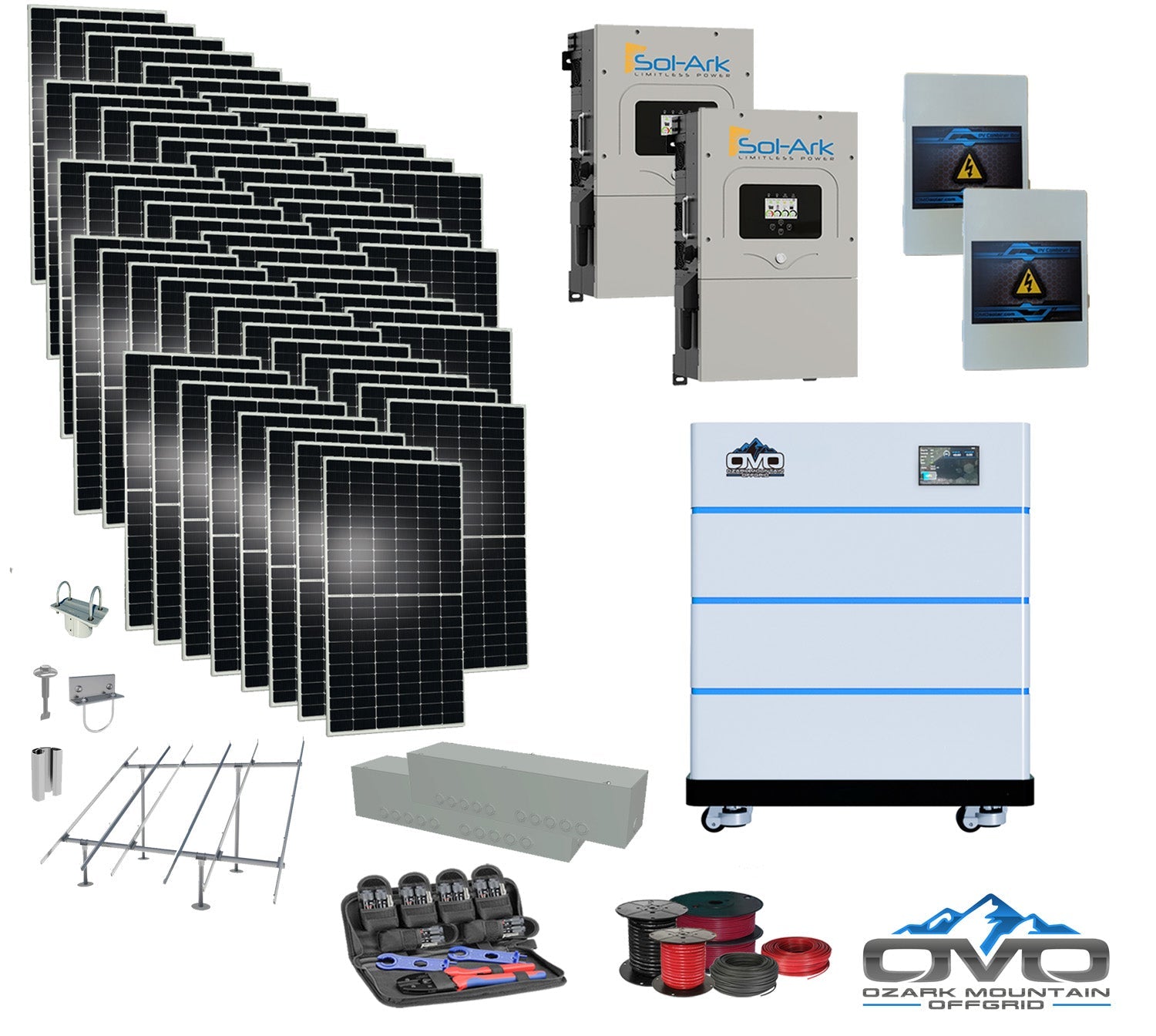 30KW Complete Offgrid Solar Kit - 15K Sol-Ark Inverter + 15.36KW OMO Stack Lithium Battery +30.8KW Solar with Ground Mount and Wiring