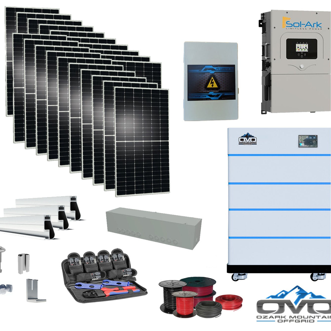 10KW Complete Offgrid Solar Kit - 15K Sol-Ark Inverter + 20.48KW OMO Stack Lithium Battery +11KW Solar with Mounting Rails and Wiring