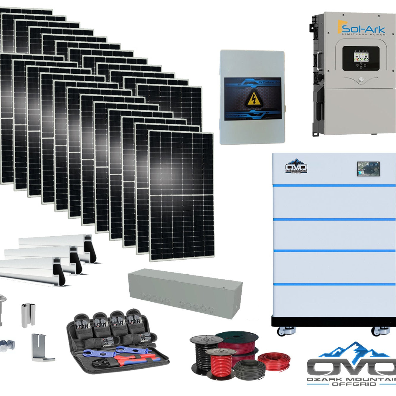 12KW Complete Offgrid Solar Kit - 15K Sol-Ark Inverter + 20.48KW OMO Stack Lithium Battery +13.2KW Solar with Mounting Rails and Wiring