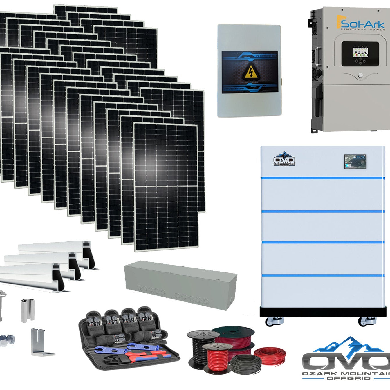 15KW Complete Offgrid Solar Kit - 15K Sol-Ark Inverter + 20.48KW OMO Stack Lithium Battery +15.4KW Solar with Mounting Rails and Wiring