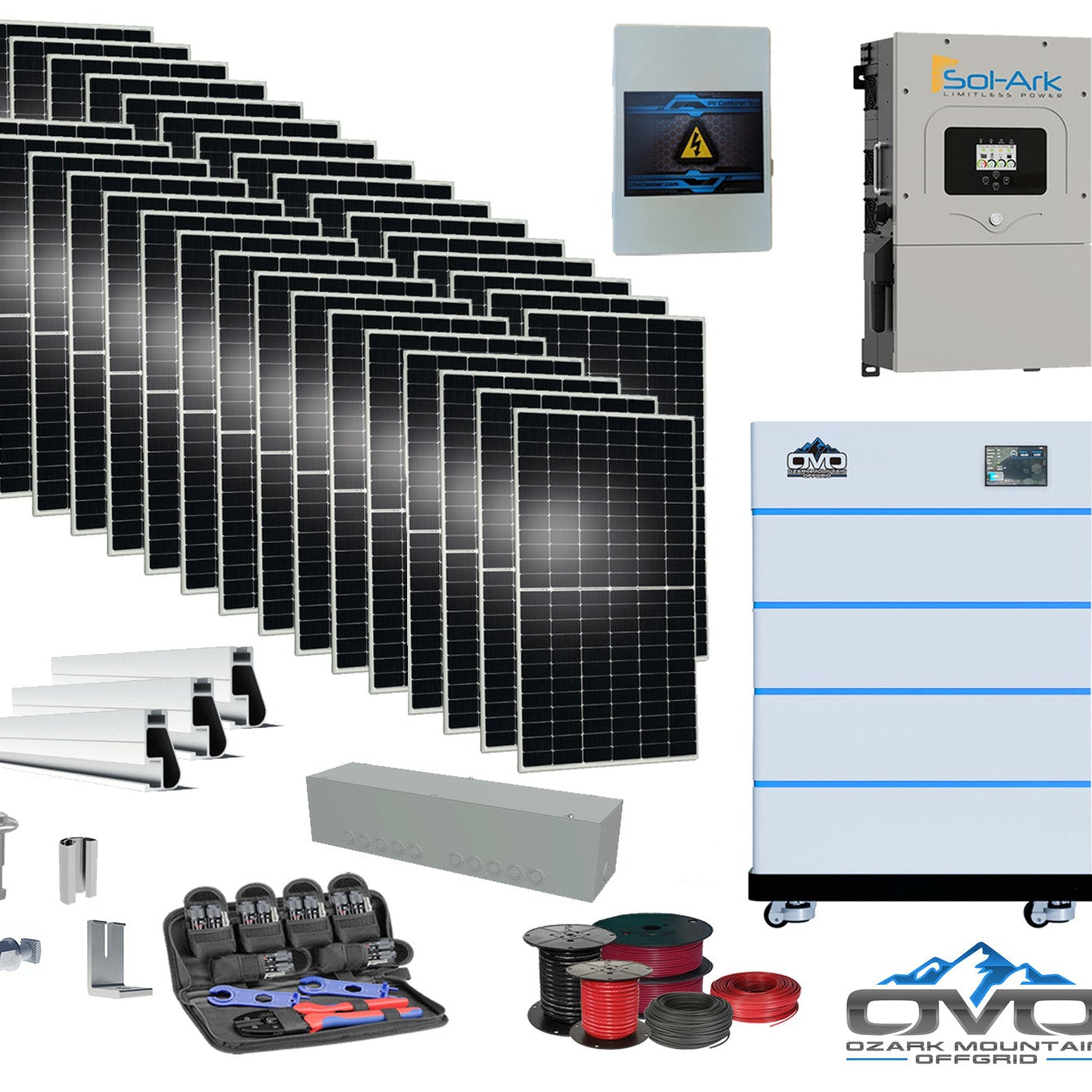 17KW Complete Offgrid Solar Kit - 15K Sol-Ark Inverter + 20.48KW OMO Stack Lithium Battery +17.6KW Solar with Mounting Rails and Wiring