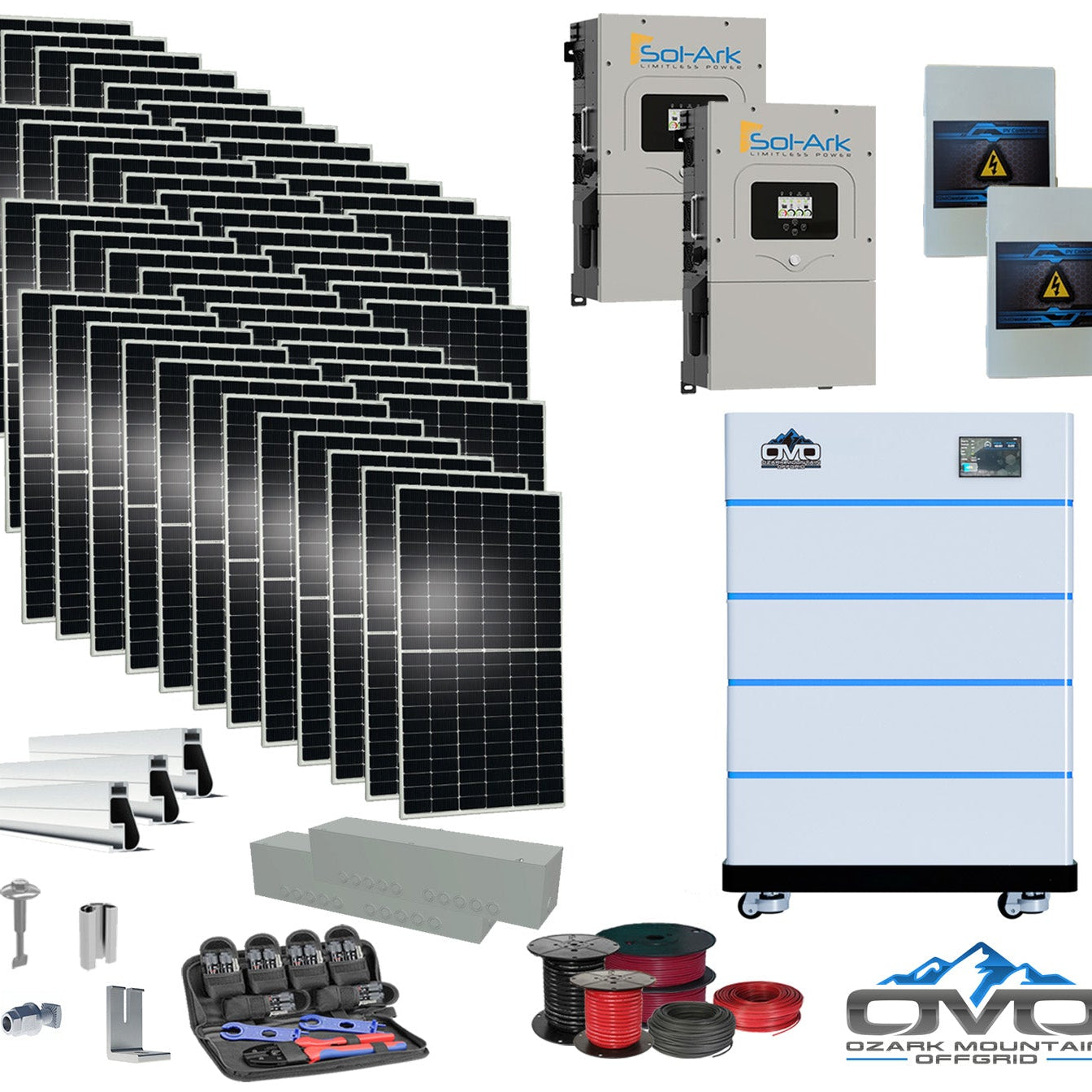 25KW Complete Offgrid Solar Kit - 15K Sol-Ark Inverter + 20.48KW OMO Stack Lithium Battery +26.4KW Solar with Mounting Rails and Wiring