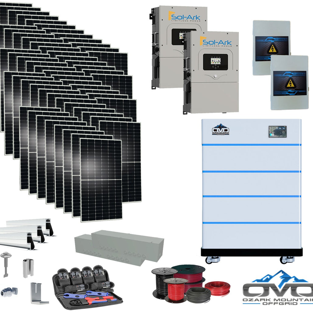 30KW Complete Offgrid Solar Kit - 15K Sol-Ark Inverter + 20.48KW OMO Stack Lithium Battery +30.8KW Solar with Mounting Rails and Wiring