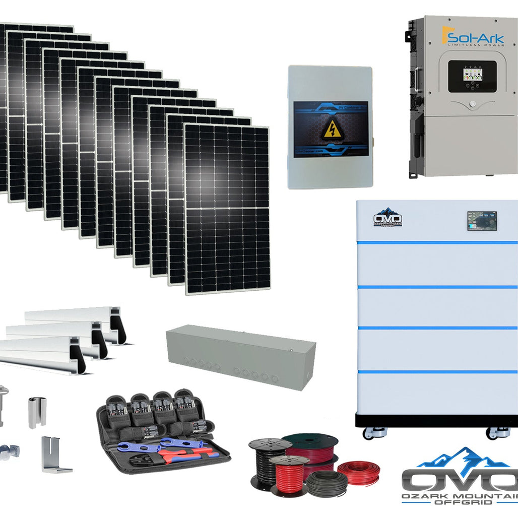 6KW Complete Offgrid Solar Kit - 15K Sol-Ark Inverter + 20.48KW OMO Stack Lithium Battery +6.6KW Solar with Mounting Rails and Wiring