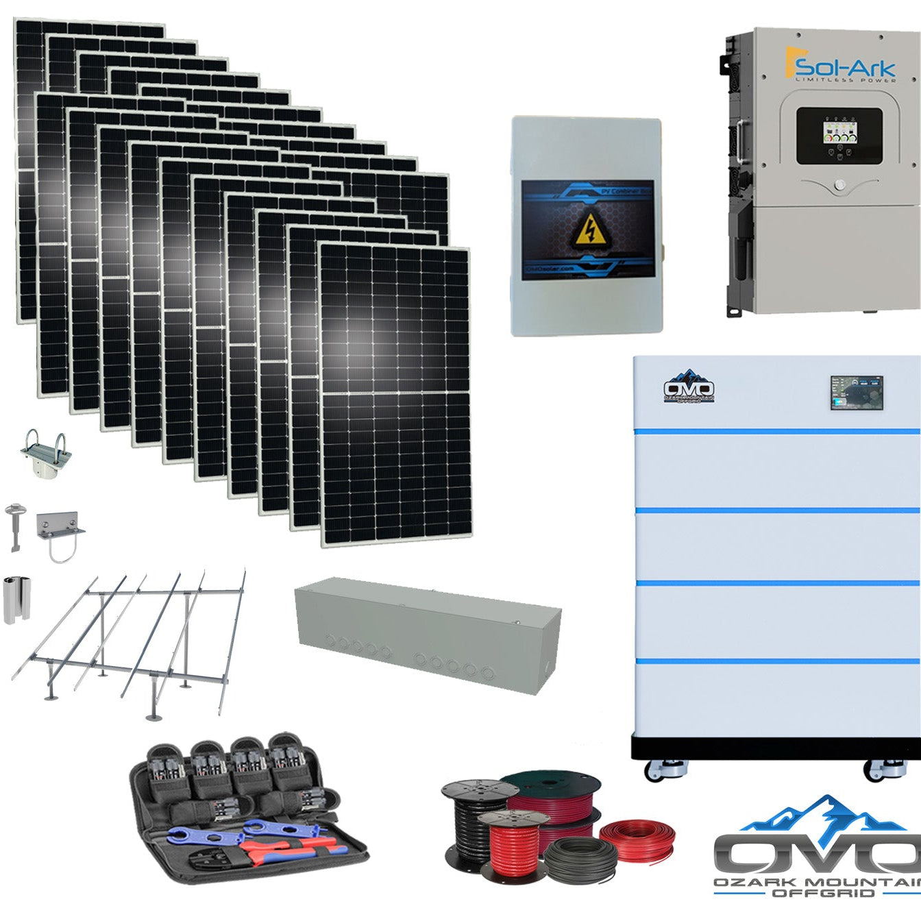 10KW Complete Offgrid Solar Kit - 15K Sol-Ark Inverter + 20.48KW OMO Stack Lithium Battery +11KW Solar with Ground Mount and Wiring