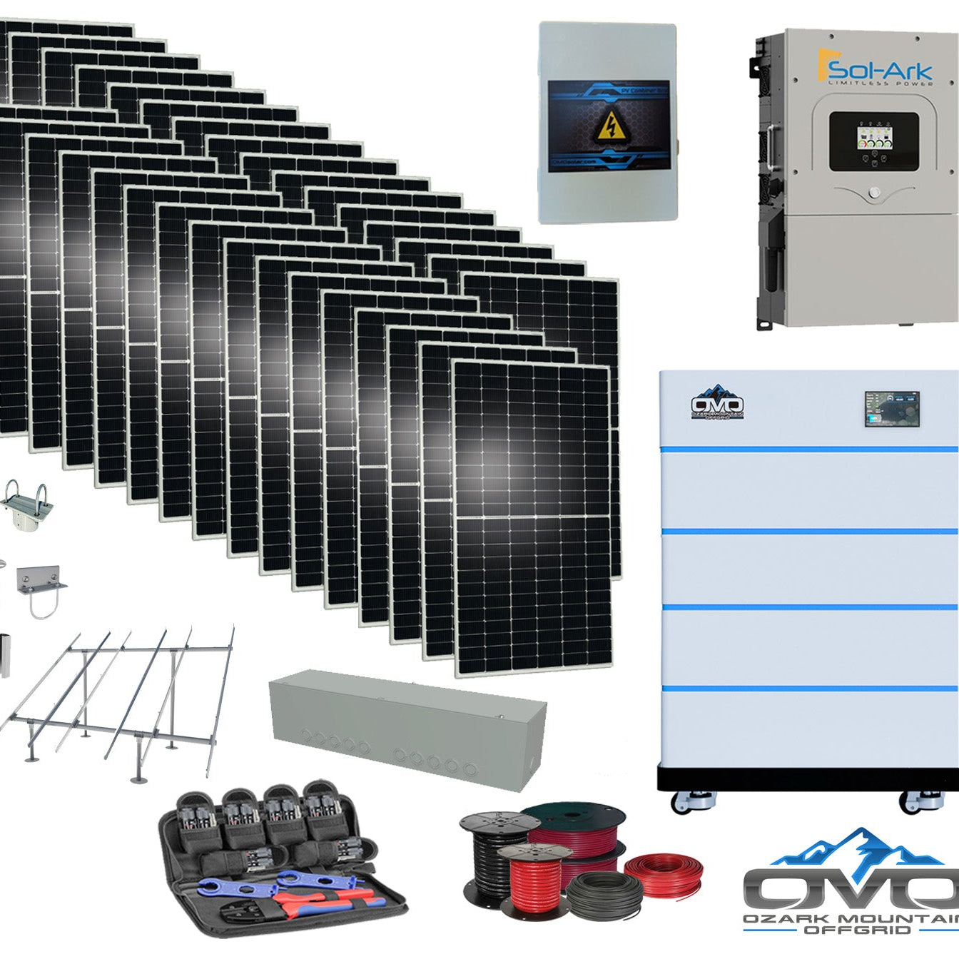 17KW Complete Offgrid Solar Kit - 15K Sol-Ark Inverter + 20.48KW OMO Stack Lithium Battery +17.6KW Solar with Ground Mount and Wiring