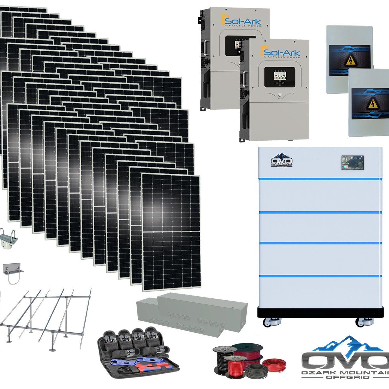 25KW Complete Offgrid Solar Kit - 15K Sol-Ark Inverter + 20.48KW OMO Stack Lithium Battery +26.4KW Solar with Ground Mount  and Wiring