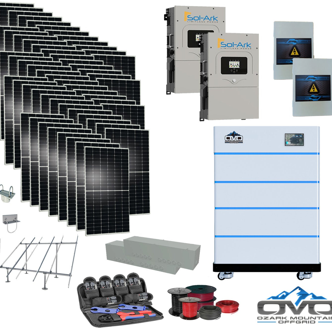 30KW Complete Offgrid Solar Kit - 15K Sol-Ark Inverter + 20.48KW OMO Stack Lithium Battery +30.8KW Solar with Ground Mount and Wiring