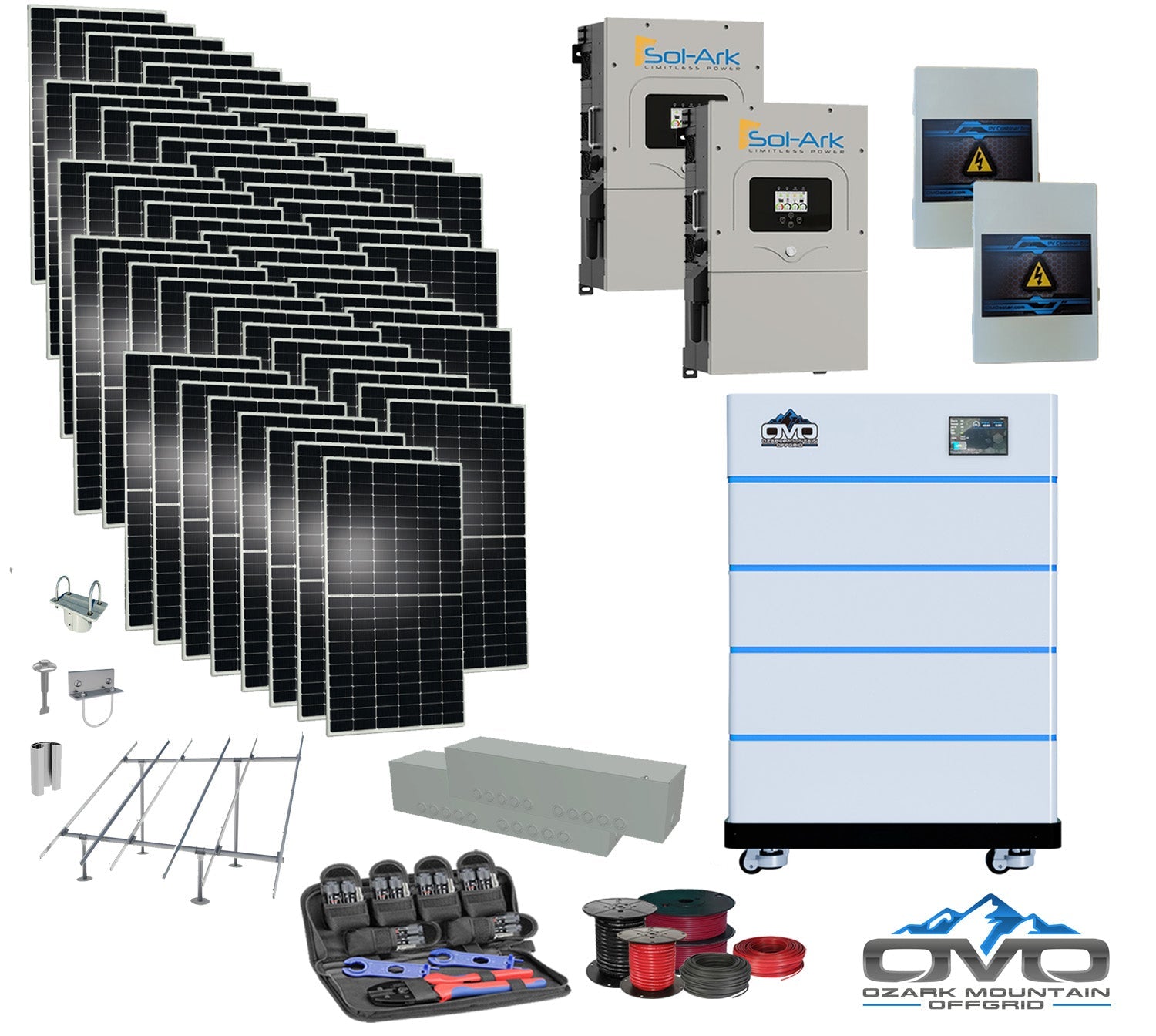 30KW Complete Offgrid Solar Kit - 15K Sol-Ark Inverter + 20.48KW OMO Stack Lithium Battery +30.8KW Solar with Ground Mount and Wiring