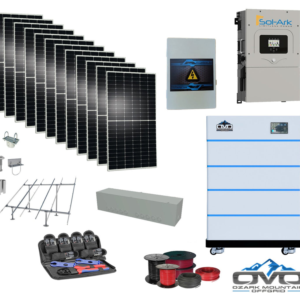 6KW Complete Offgrid Solar Kit - 15K Sol-Ark Inverter + 20.48KW OMO Stack Lithium Battery +6.6KW Solar with Ground Mount and Wiring