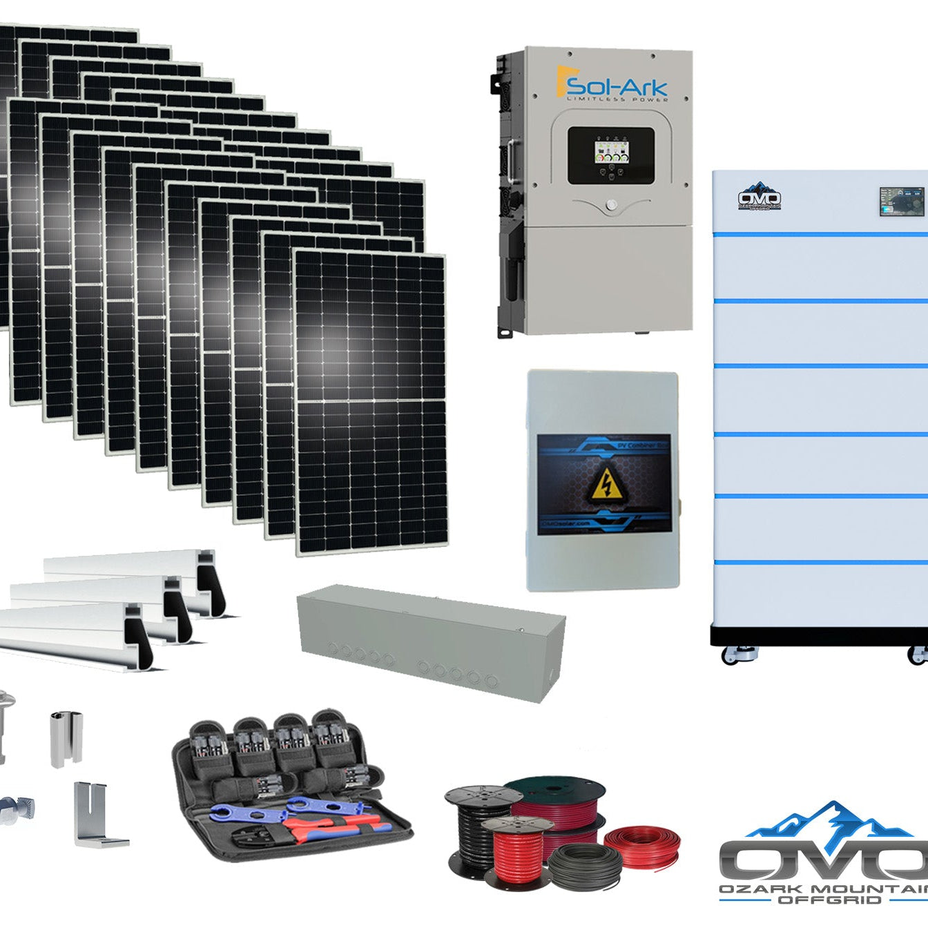 10KW Complete Offgrid Solar Kit - 15K Sol-Ark Inverter + 30.72KW OMO Stack Lithium Battery +11KW Solar with Mounting Rails and Wiring