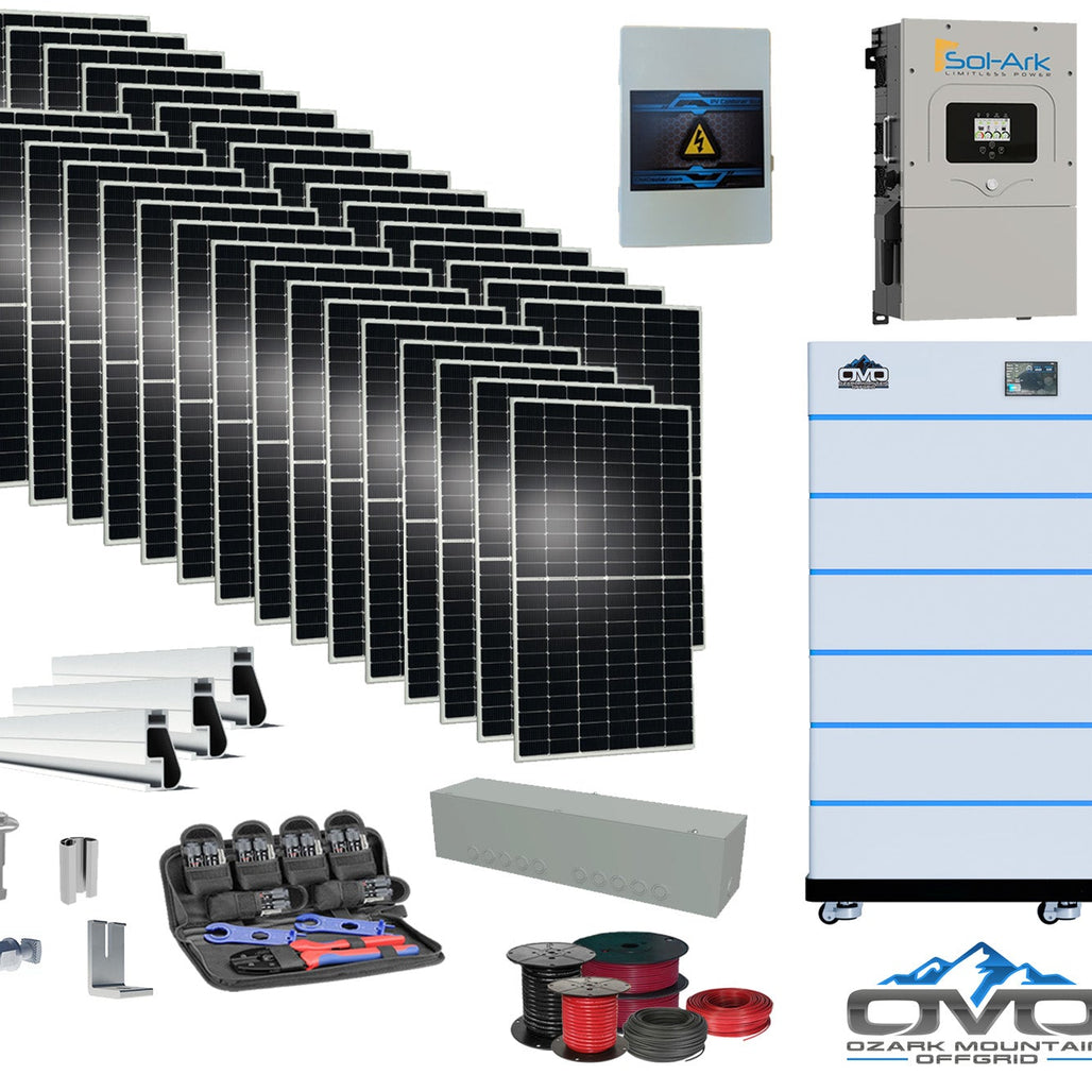 17KW Complete Offgrid Solar Kit - 15K Sol-Ark Inverter + 30.72KW OMO Stack Lithium Battery +17.6KW Solar with Mounting Rails and Wiring