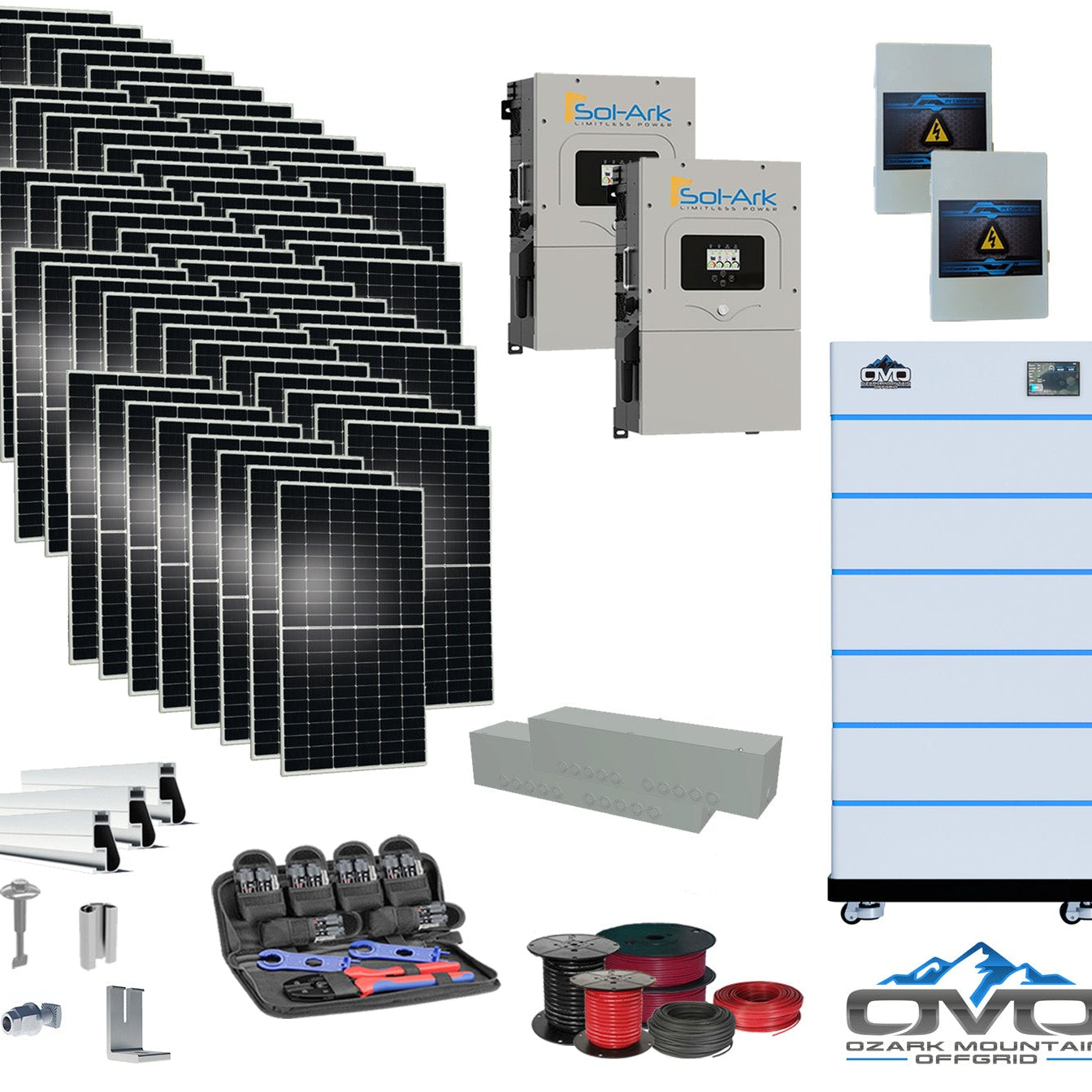30KW Complete Offgrid Solar Kit - 15K Sol-Ark Inverter + 30.72KW OMO Stack Lithium Battery +30.8KW Solar with Mounting Rails and Wiring