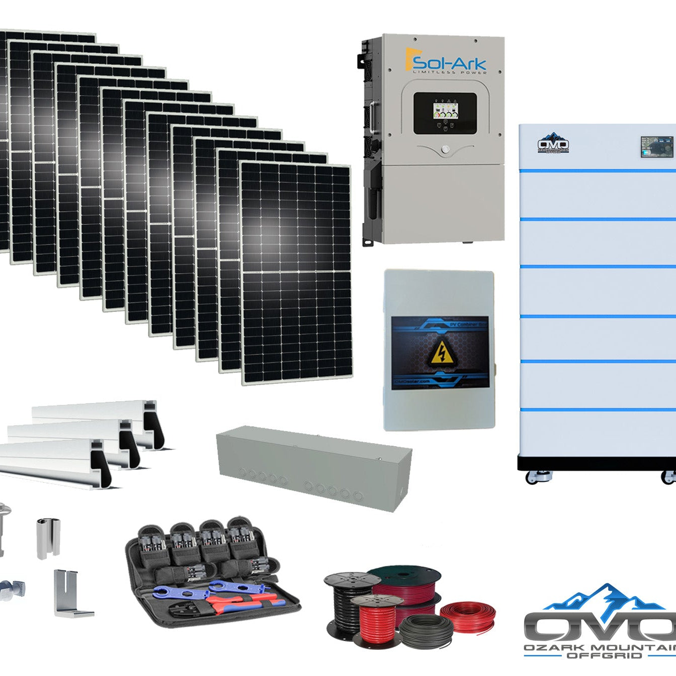 6KW Complete Offgrid Solar Kit - 15K Sol-Ark Inverter + 30.72KW OMO Stack Lithium Battery +6.6KW Solar with Mounting Rails and Wiring