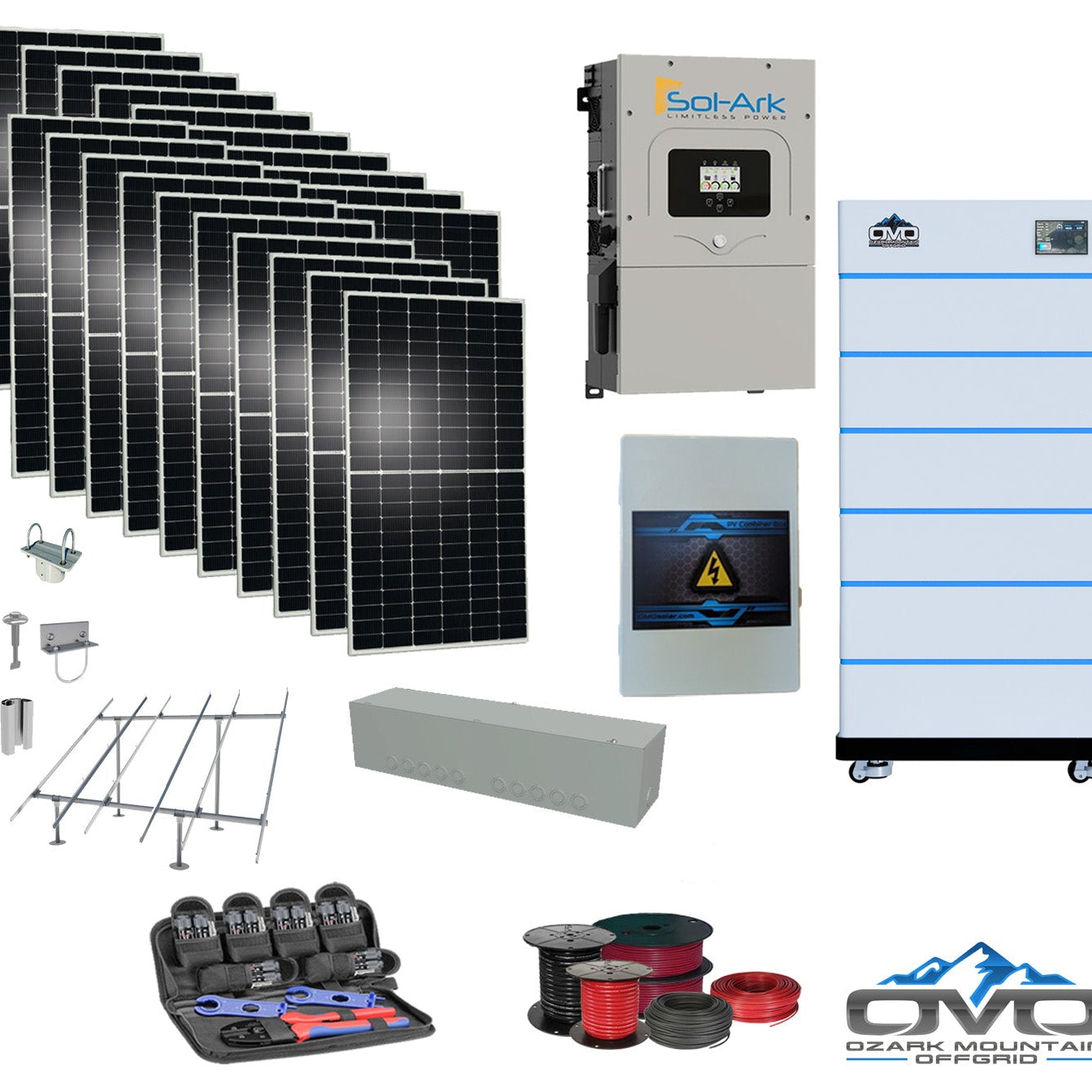 10KW Complete Offgrid Solar Kit - 15K Sol-Ark Inverter + 30.72KW OMO Stack Lithium Battery +11KW Solar with Ground Mount and Wiring