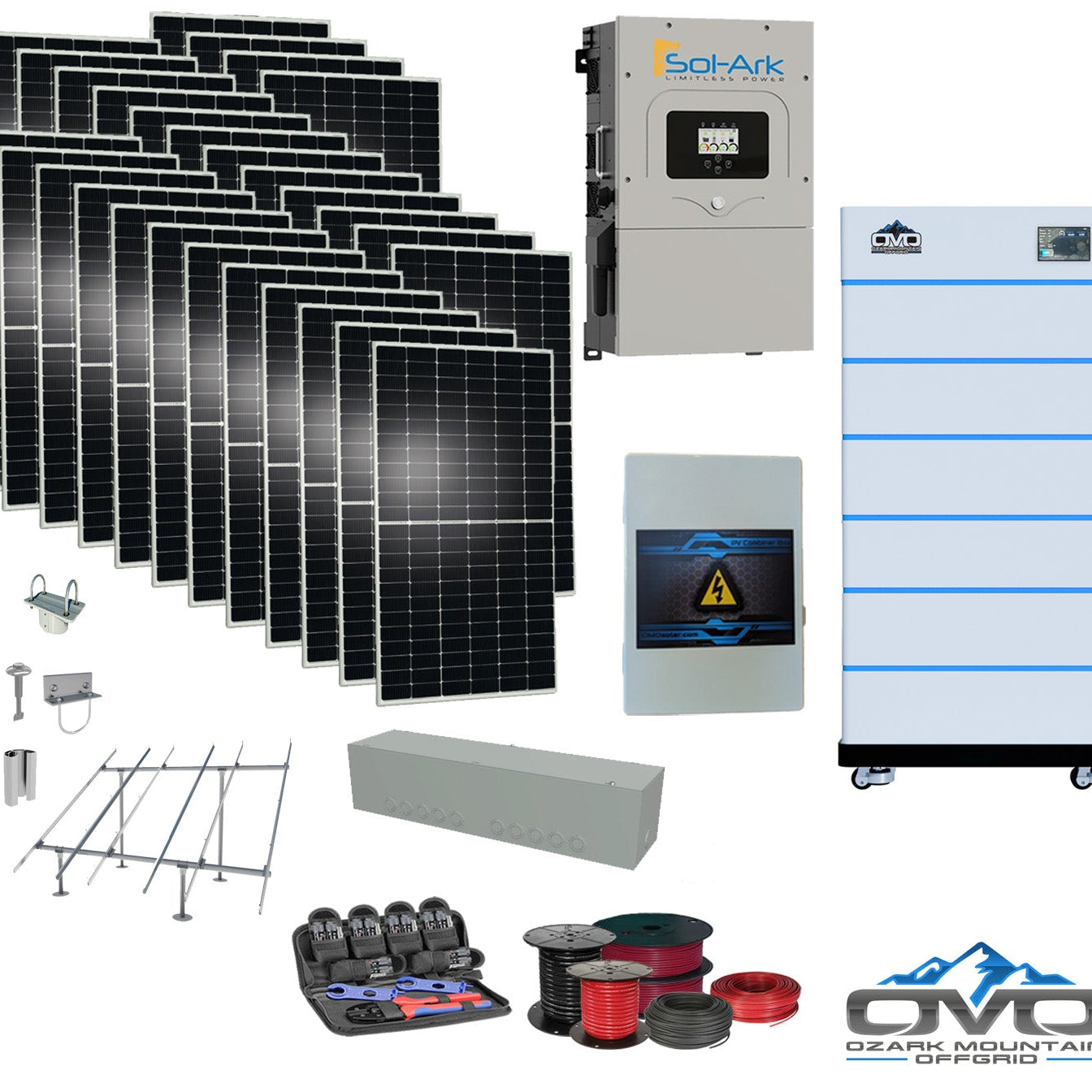 15KW Complete Offgrid Solar Kit - 15K Sol-Ark Inverter + 30.72KW OMO Stack Lithium Battery +15.4KW Solar with Ground Mount and Wiring