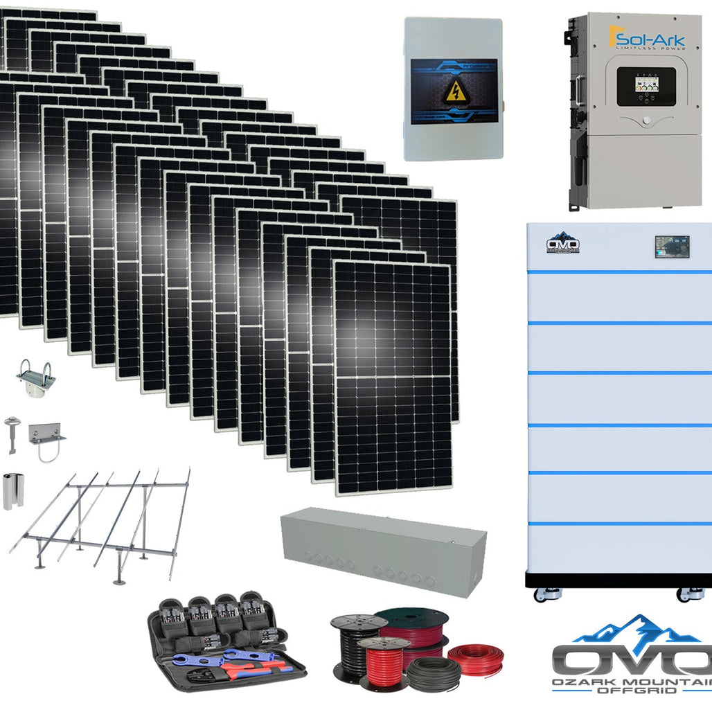 17KW Complete Offgrid Solar Kit - 15K Sol-Ark Inverter + 30.72KW OMO Stack Lithium Battery +17.6KW Solar with Ground Mount and Wiring
