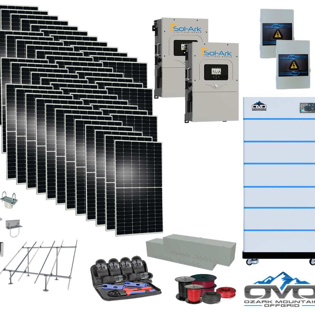 25KW Complete Offgrid Solar Kit - 15K Sol-Ark Inverter + 30.72KW OMO Stack Lithium Battery +26.4KW Solar with Ground Mount and Wiring