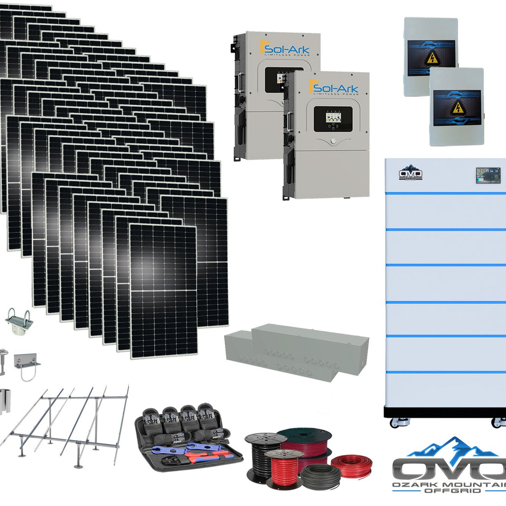 30KW Complete Offgrid Solar Kit - 15K Sol-Ark Inverter + 30.72KW OMO Stack Lithium Battery +30.8KW Solar with Ground Mount and Wiring