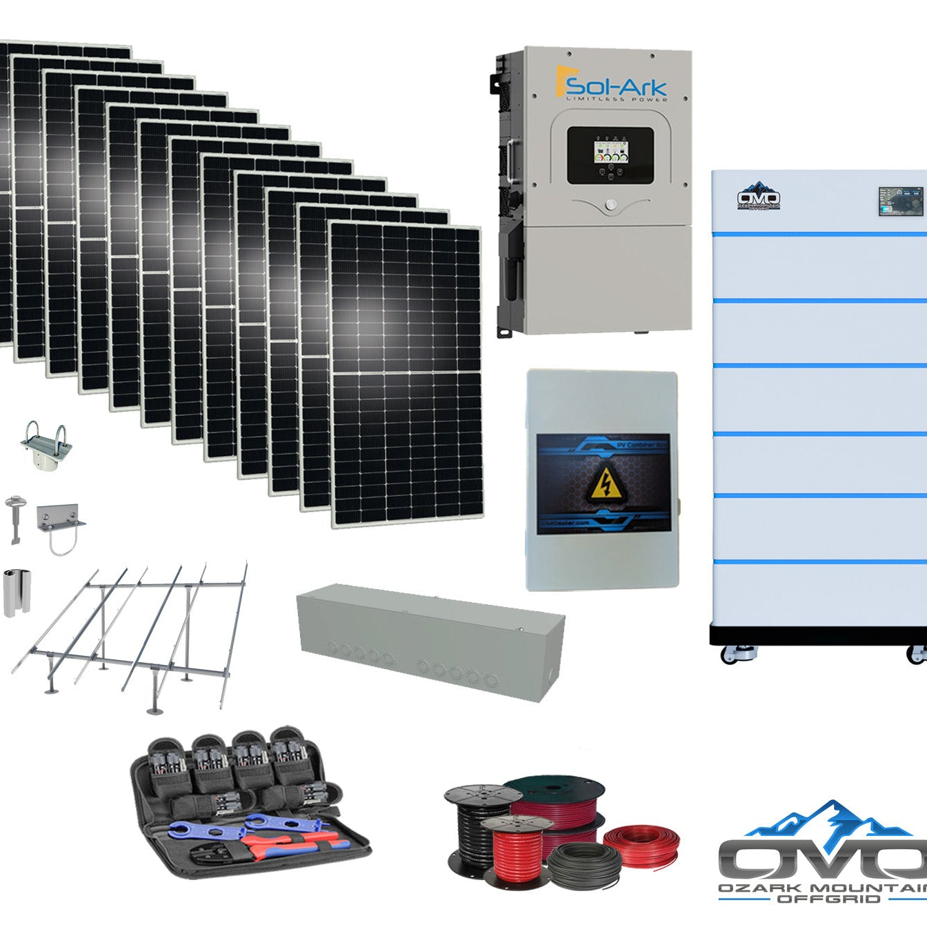 6KW Complete Offgrid Solar Kit - 15K Sol-Ark Inverter + 30.72KW OMO Stack Lithium Battery +6.6KW Solar with Ground Mount and Wiring