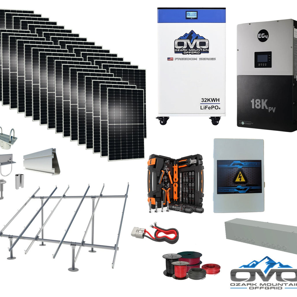 17KW Complete Offgrid Solar Kit + EG4 18kPV + 32KW OMO 48V Freedom Series Lithium Battery + 17.6KW Solar with Ground Mount and Wiring