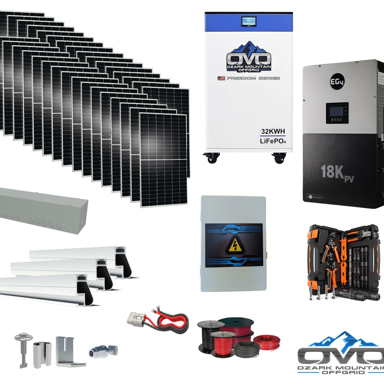 17KW Complete Offgrid Solar Kit + EG4 18kPV + 32KW OMO 48V Freedom Series Lithium Battery + 17.6KW Solar with Roof Mounting Rails and Wiring