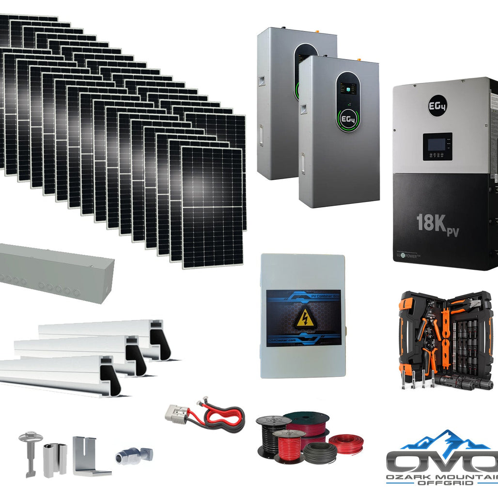 17KW Complete Offgrid Solar Kit + EG4 18kPV + 2x 14.3KW 48V EG4 Lithium Indoor Wall Battery + 17.6KW Solar with Roof Mounting Rails and Wiring