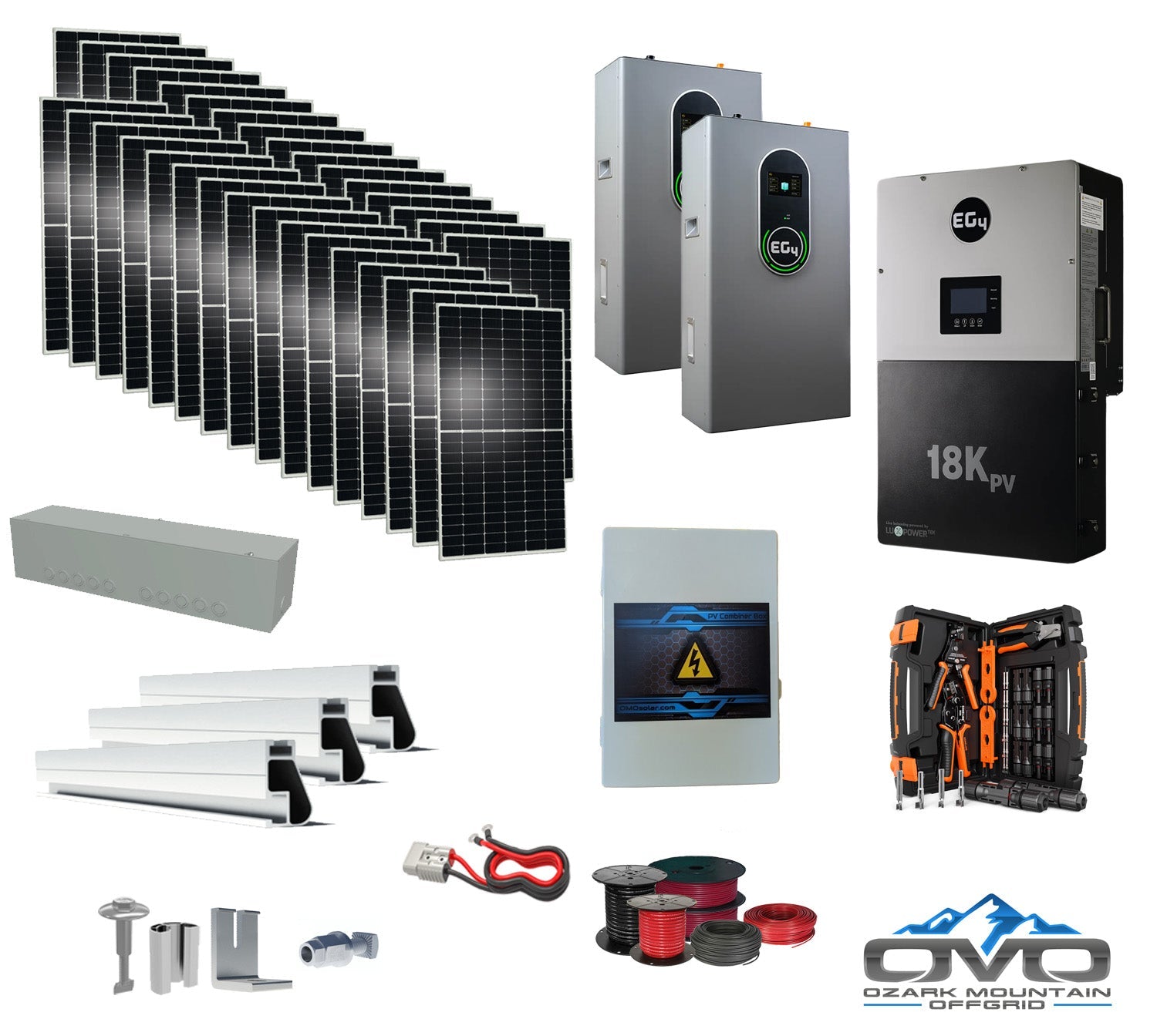 17KW Complete Offgrid Solar Kit + EG4 18kPV + 2x 14.3KW 48V EG4 Lithium Indoor Wall Battery + 17.6KW Solar with Roof Mounting Rails and Wiring