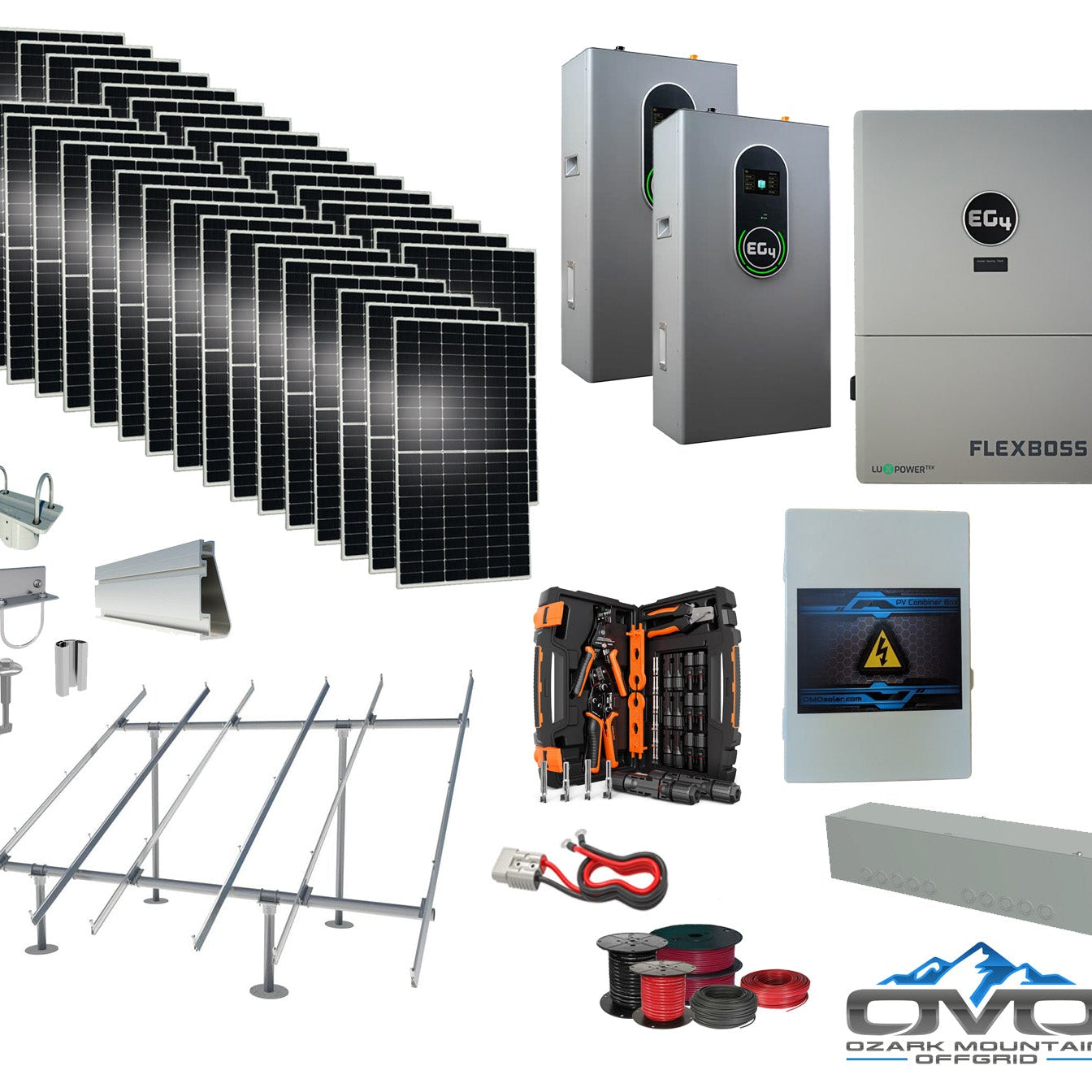 17KW Complete Offgrid Solar Kit + EG4 FlexBOSS21 + 2x 14.3KW 48V EG4 Lithium Indoor Wall Battery + 17.6KW Solar with Ground Mount and Wiring