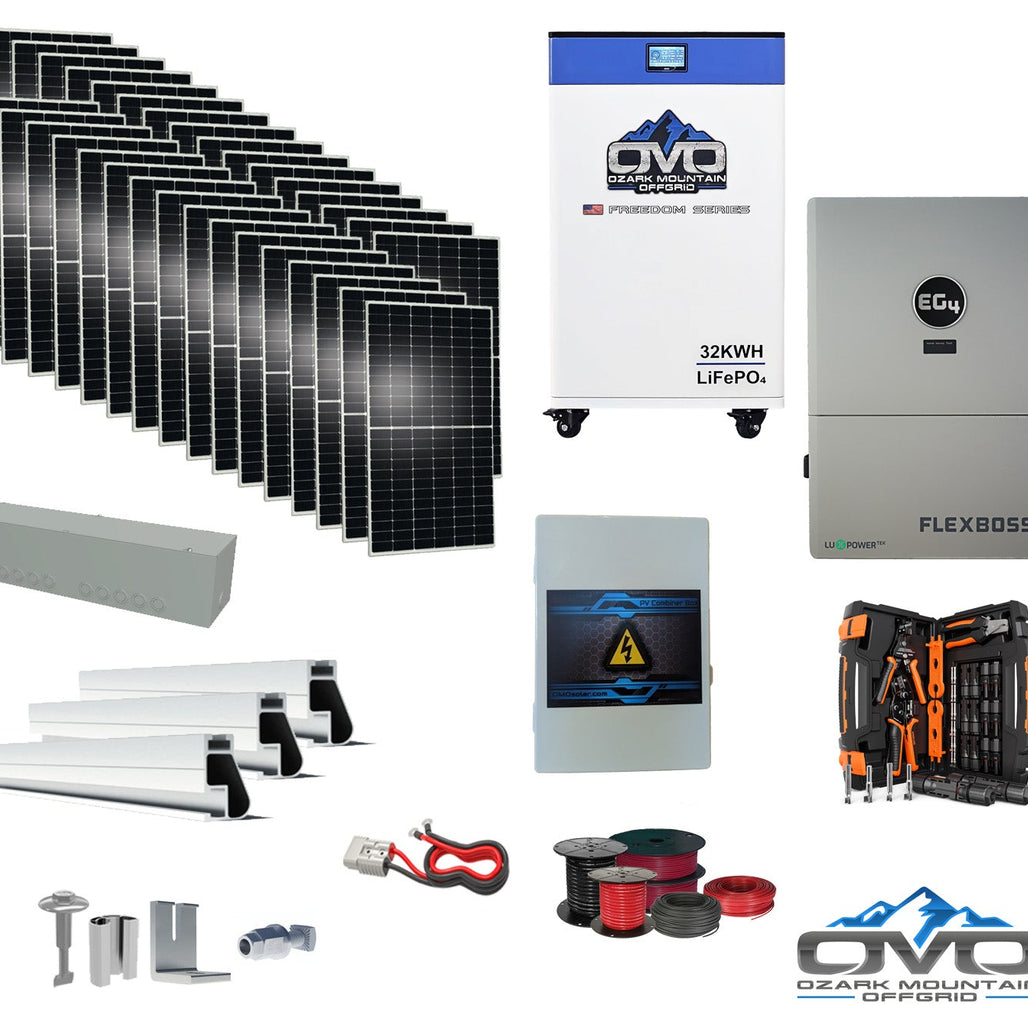 17KW Complete Offgrid Solar Kit + EG4 FlexBOSS21 + 32KW OMO 48V Freedom Series Lithium Battery + 17.6KW Solar with Roof Mounting Rails and Wiring