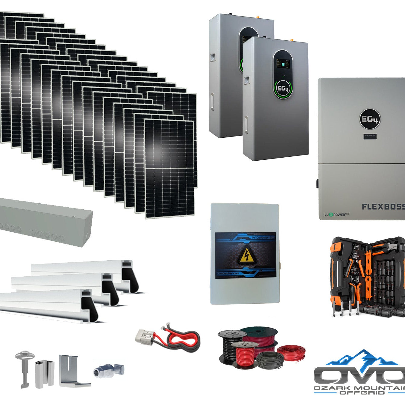 17KW Complete Offgrid Solar Kit + EG4 FlexBOSS21 + 2x 14.3KW 48V EG4 Lithium Indoor Wall Battery + 17.6KW Solar with Roof Mounting Rails and Wiring