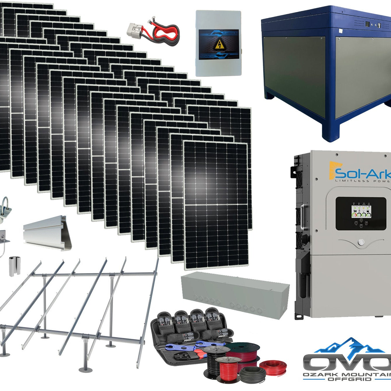 17KW Complete Offgrid Solar Kit - 62kWh Lithium Battery + 15K Sol-Ark Inverter +17.6KW Solar with Ground Mount and Wiring