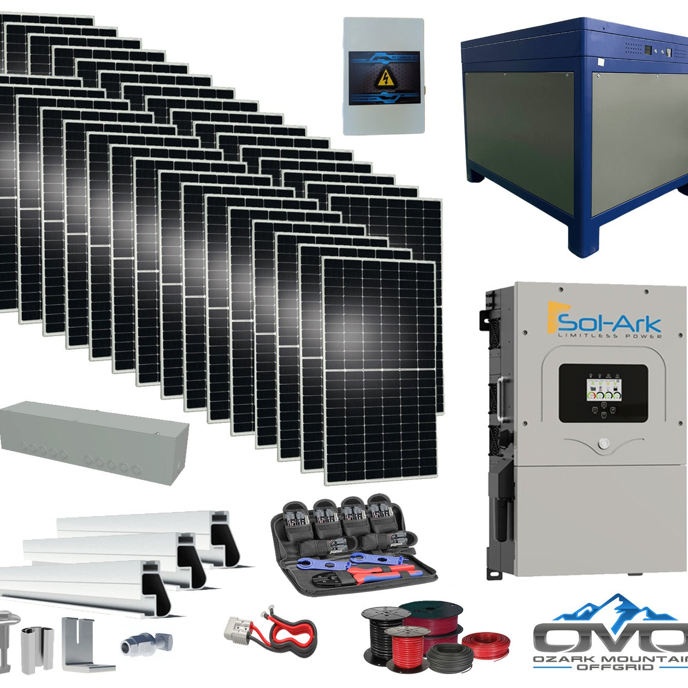 17KW Complete Offgrid Solar Kit - 62kWh Lithium Battery + 15K Sol-Ark Inverter +17.6KW Solar with Roof Mounting Rails and Wiring