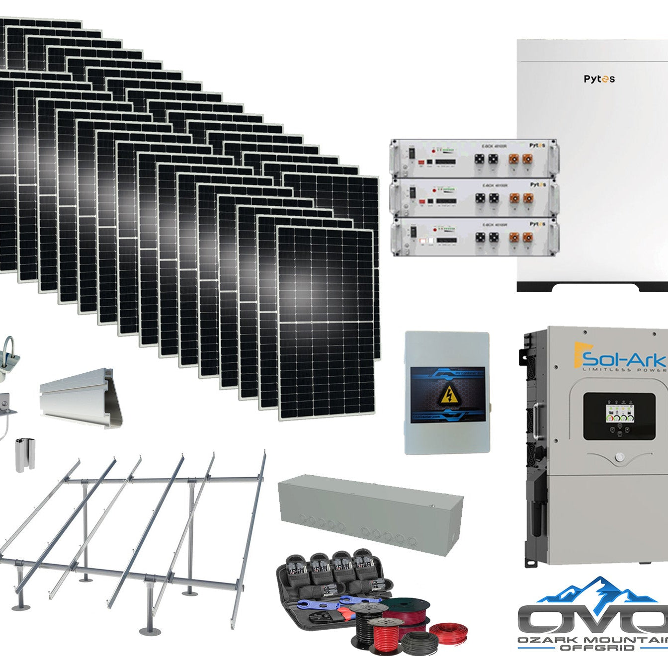 17KW Complete Offgrid Solar Kit - 15.36kWh Pytes Lithium Battery + 15K Sol-Ark Inverter +17.6KW Solar with Ground Mount and Wiring