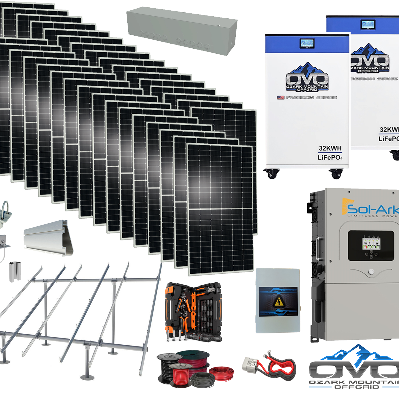 17KW Complete Offgrid Solar Kit - 2x 32kWh OMO 48V Freedom Series Lithium Battery + 15K Sol-Ark Inverter +17.6KW Solar with Ground Mount and Wiring