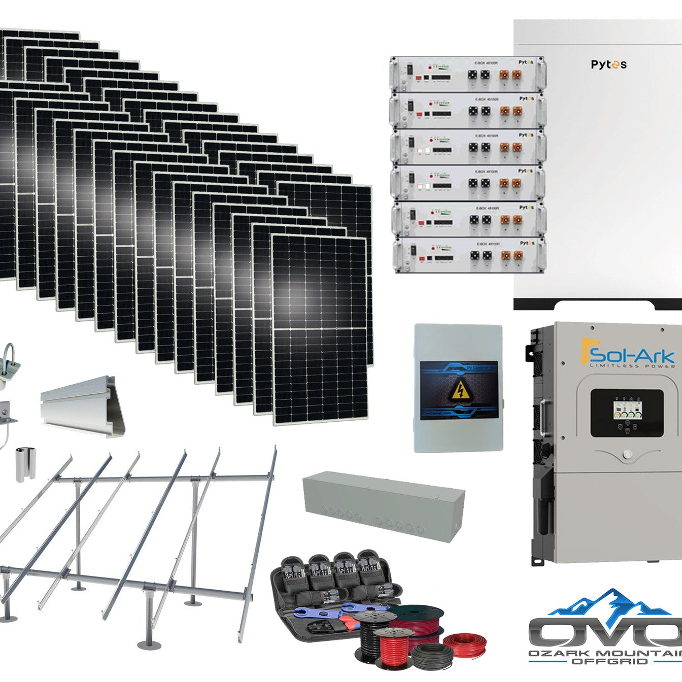 17KW Complete Offgrid Solar Kit - 30.72kWh Pytes Lithium Battery + 15K Sol-Ark Inverter +17.6KW Solar with Ground Mount and Wiring
