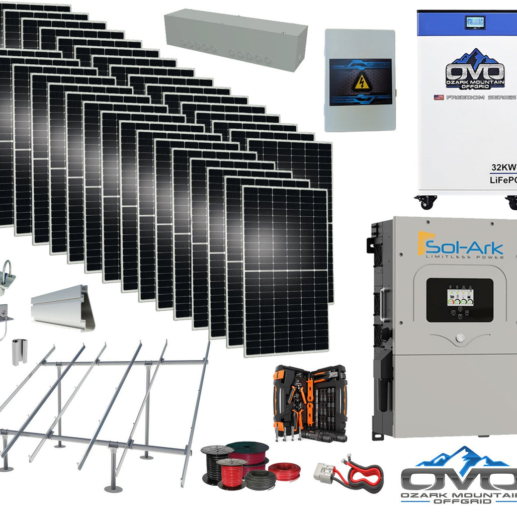 17KW Complete Offgrid Solar Kit - 32kWh OMO 48V Freedom Series Lithium Battery + 15K Sol-Ark Inverter +17.6KW Solar with Ground Mount and Wiring