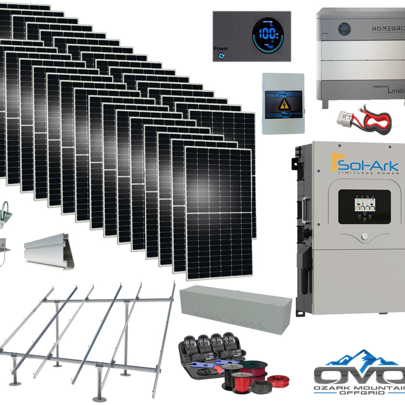 17KW Complete Offgrid Solar Kit - Homegrid 9.6kWh Lithium Battery + 15K Sol-Ark Inverter +17.6KW Solar with Ground Mount and Wiring