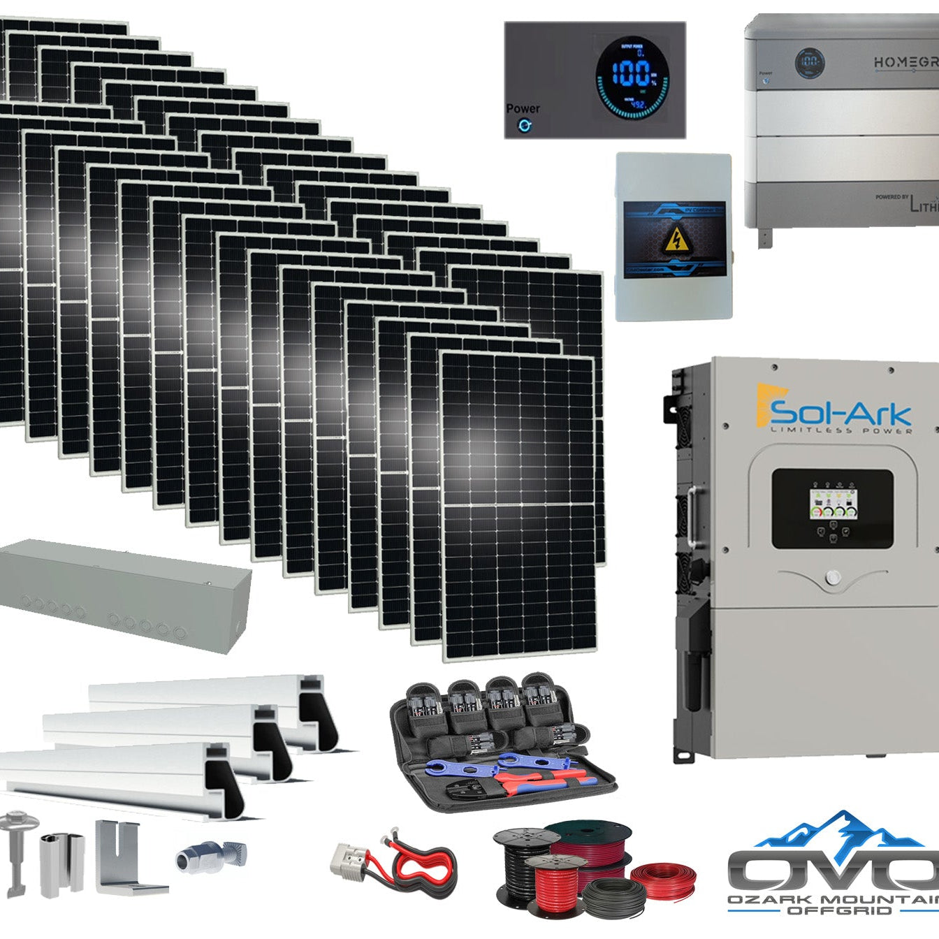 17KW Complete Offgrid Solar Kit - 9.6kWh Lithium Battery + 15K Sol-Ark Inverter +17.6KW Solar with Mounting Rails and Wiring