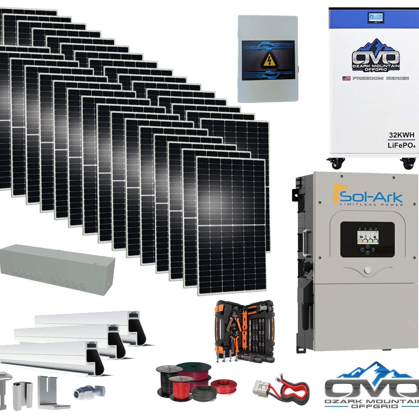 17KW Complete Offgrid Solar Kit - 32kWh OMO 48V Freedom Series Lithium Battery + 15K Sol-Ark Inverter + 17.6KW Solar with Mounting Rails and Wiring