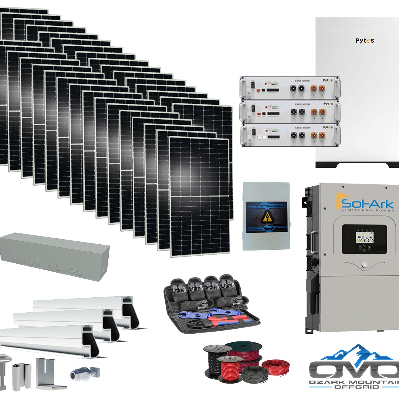 17KW Complete Offgrid Solar Kit - 15.36kWh Pytes Lithium Battery + 15K Sol-Ark Inverter +17.6KW Solar with Mounting Rails and Wiring