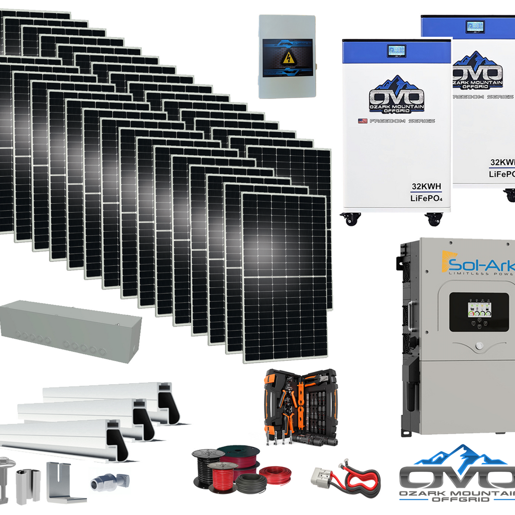 17KW Complete Offgrid Solar Kit - 2x 32kWh OMO 48V Freedom Series Lithium Battery + 15K Sol-Ark Inverter + 17.6KW Solar with Roof Mount and Wiring