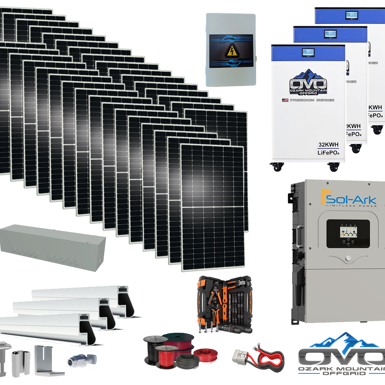 17KW Complete Offgrid Solar Kit - 3x 32kWh OMO 48V Freedom Series Lithium Battery + 15K Sol-Ark Inverter + 17.6KW Solar with Roof Mount and Wiring