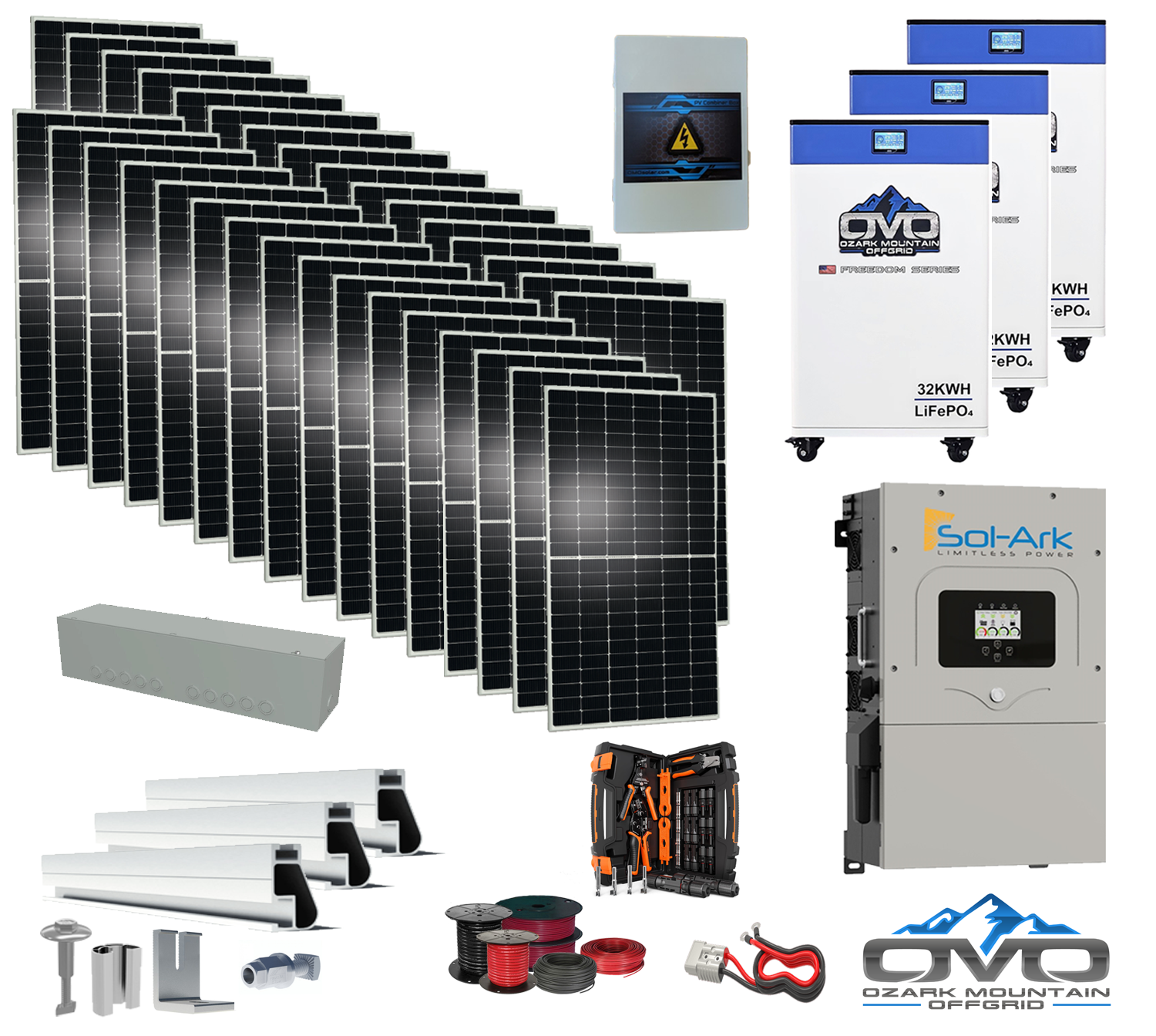 17KW Complete Offgrid Solar Kit - 3x 32kWh OMO 48V Freedom Series Lithium Battery + 15K Sol-Ark Inverter +17.6KW Solar with Ground Mount and Wiring