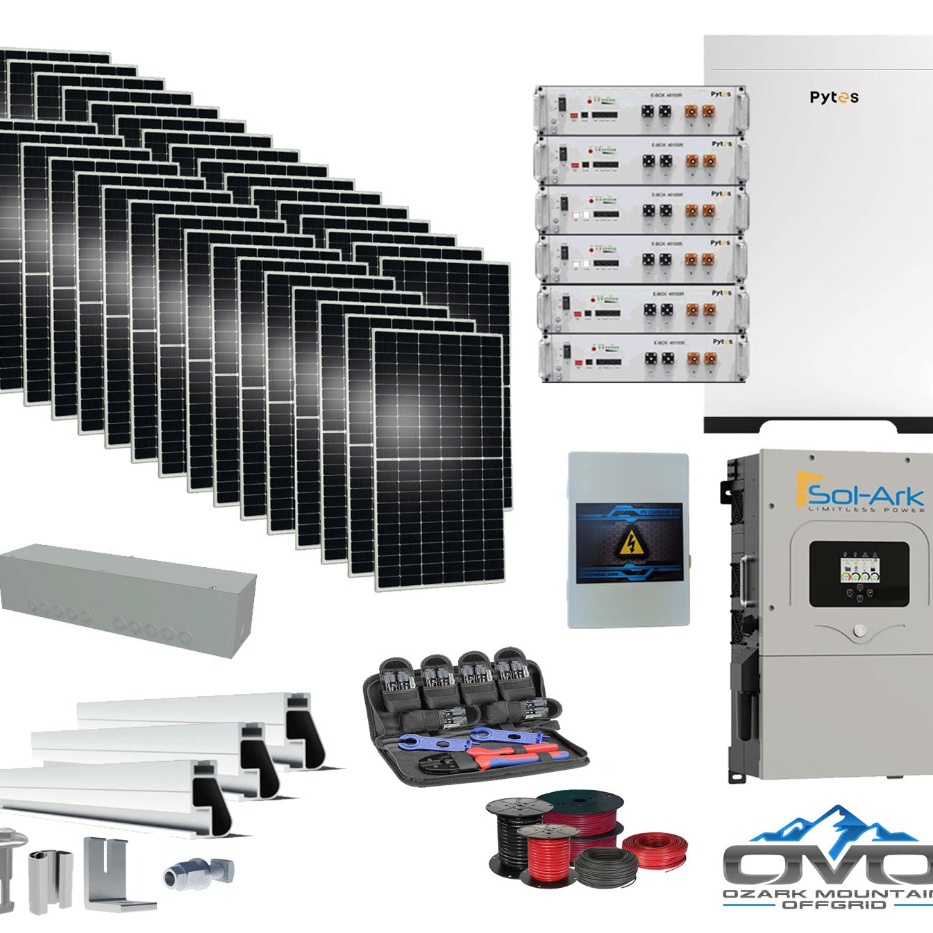 17KW Complete Offgrid Solar Kit - 30.72kWh Pytes Lithium Battery + 15K Sol-Ark Inverter +17.6KW Solar with Mounting Rails and Wiring